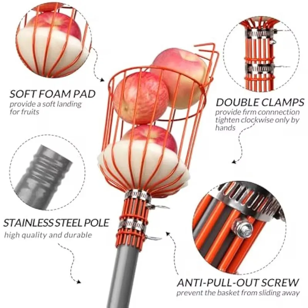 Détail des atouts du cueille-fruits : mousse, manche acier, vis anti-glissement